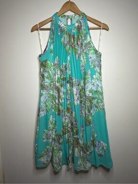 Lavand Aqua Tropical Print Pleated Shift Dress Sleeveless Boho